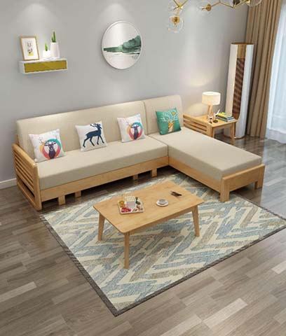 L-Shaped Solid Wood Frame Convertible Sofa Bed