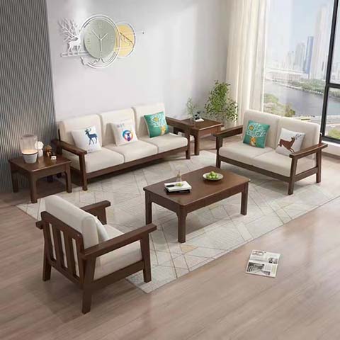 Walnut Solid Wood Frame Beige Fabric 1+2+3 Living Room Sofa Set with Matching Coffee and Side End Tables