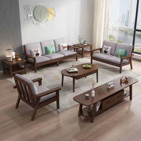Walnut-Toned Solid Wood Frame Light Grey Fabric 1+2+3 Seater Living Room Sofa Set With Matching Coffee And Side Tables