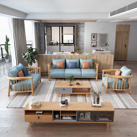 Nordic Light Wood Frame Light Blue Fabric 3+1+1 Living Room Sofa Set with Matching Coffee Table and TV Console