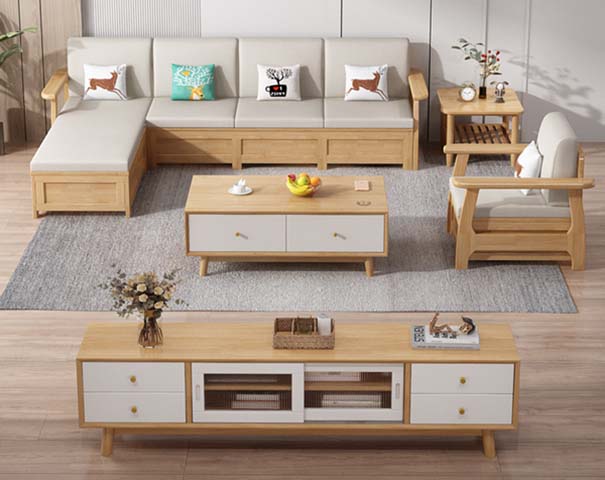 Scandinavian Light Wood L-Shaped Fabric Sectional Sofa Living Room Set with Coffee Table and TV Stand
