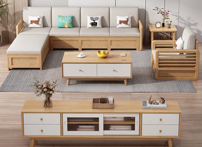 Nordic Light Wood and White TV Media Console with Glass Doors and Drawers