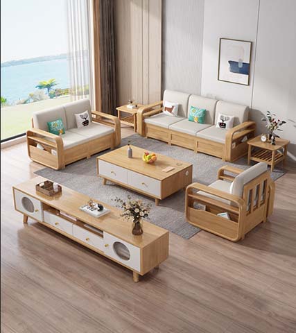 Nordic Solid Wood 6-Piece Living Room Furniture Set with Integrated Storage