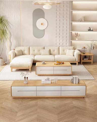 L-shaped fabric sectional sofa set with solid wood frame, paired with matching storage coffee table and TV cabinet