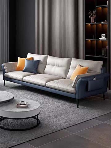 Modern Three-Seat Upholstered Sofa with Contrast Armrests and Throw Pillows