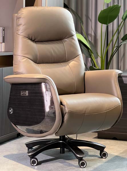 Khaki Faux Leather Executive Reclining Office Chair with Dark Wood Armrest Trim