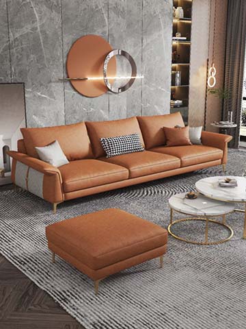 Modern Camel Leather Upholstered Three-Seat Sofa with Gold Metal Legs