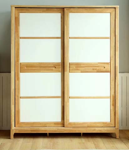 Nordic Light Oak 2-Door Sliding Wardrobe with Integrated Drawers and White Panel Inserts