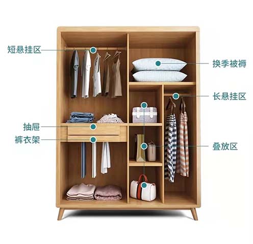 Multi-Compartment Freestanding Wooden Wardrobe with Hanging, Drawer and Open Storage