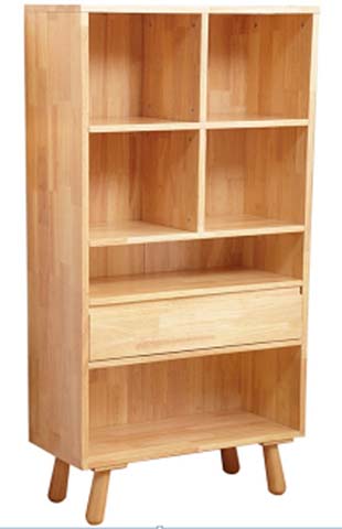 Light Natural Solid Wood Open Cubby Bookcase with Middle Drawer and Tapered Legs