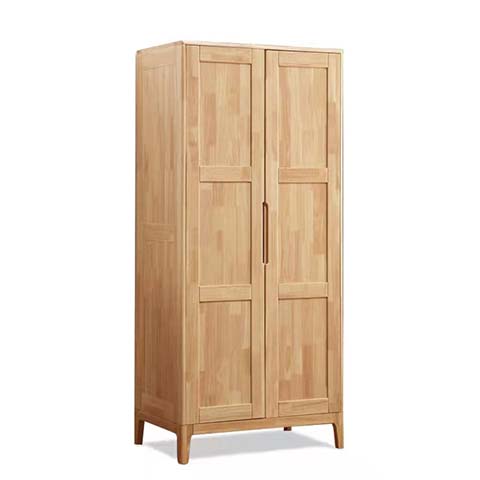 Natural Wood Finish Two-Door Freestanding Wardrobe with Recessed Panel Doors