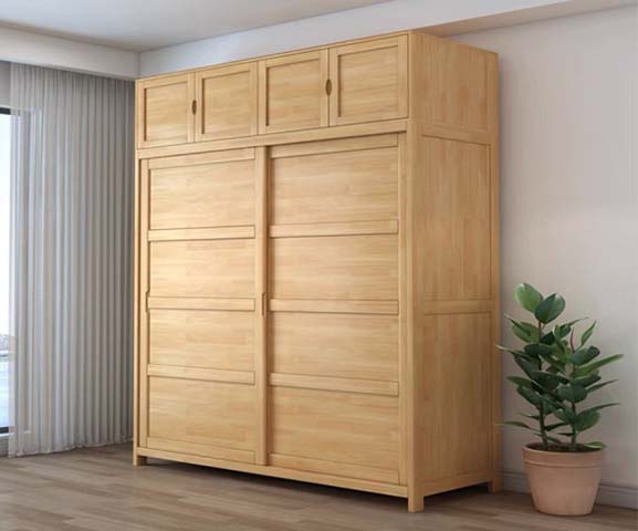 Shaker Style Natural Wood Sliding Door Wardrobe with Top Storage