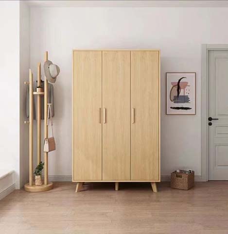 Scandinavian Style Light Natural Wood Three-Door Hinged Wardrobe with Angled Tapered Legs