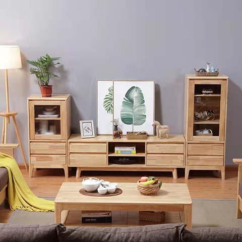 Nordic Light Oak Solid Wood TV Media Console with 4 Drawers and Central Open Cubbies