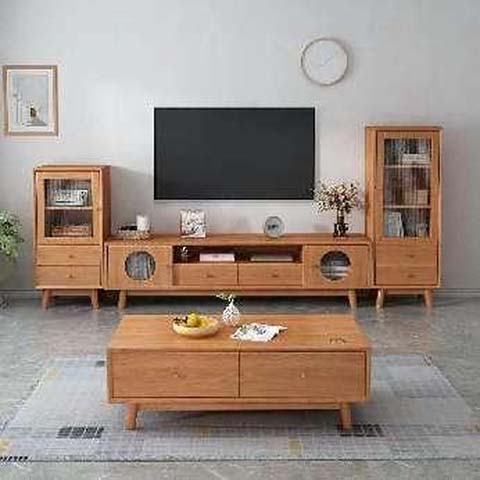 Scandinavian Light Oak TV Media Console with Round Glass Doors