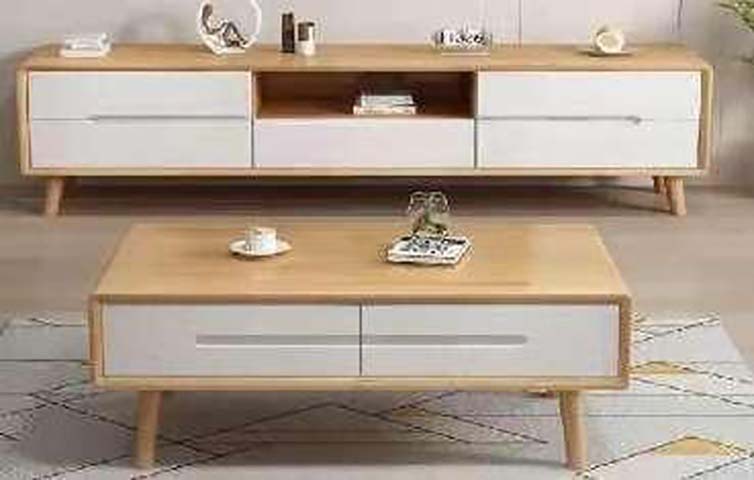 Nordic Two-Tone Light Oak and Off-White 4-Drawer TV Media Console with Central Open Shelf