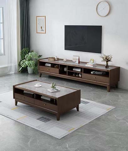 2-Piece Walnut-Finish Stone Top Living Room Set: TV Console and Coffee Table