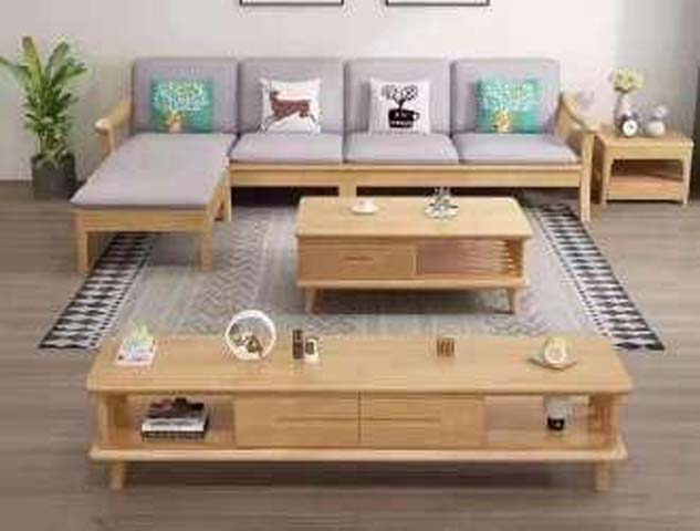 Light Oak Finish L-Shaped Solid Wood Frame Sectional Sofa Set with Upholstered Cushions and Matching Storage Tables
