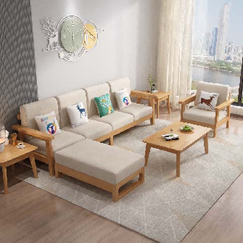 Light Oak Wood Frame Beige Fabric 5-Piece Living Room Sectional Sofa Set