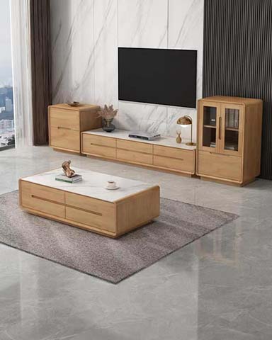 Light Oak Veneer White Sintered Stone 4-Piece Living Room Entertainment Set with Coffee Table