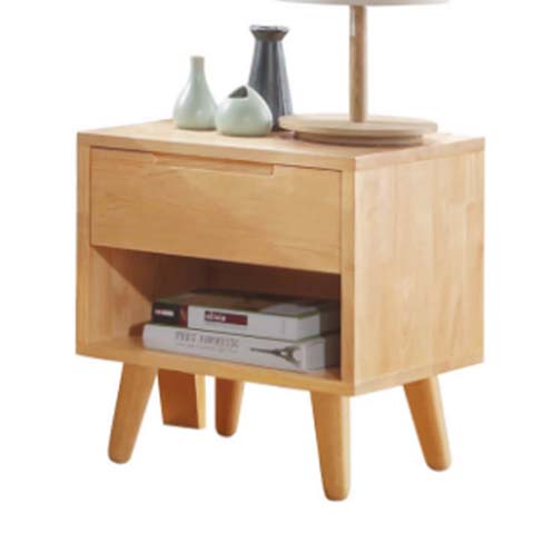 Mid-Century Natural Solid Wood Nightstand with Drawer and Open Shelf