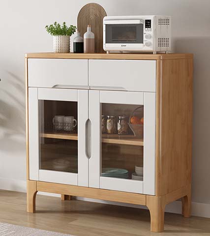 Two-Tone Light Wood and White 2-Drawer 2-Glass-Door Kitchen Storage Sideboard