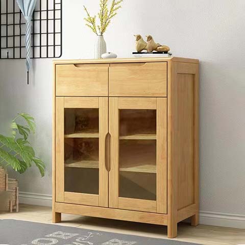 Light Wood Freestanding Storage Cabinet with Two Upper Drawers and Glass Doors