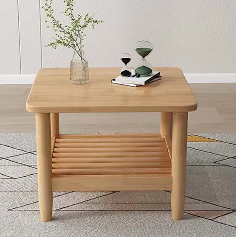 Light Natural Wood Square Coffee Table with Slatted Lower Storage Shelf