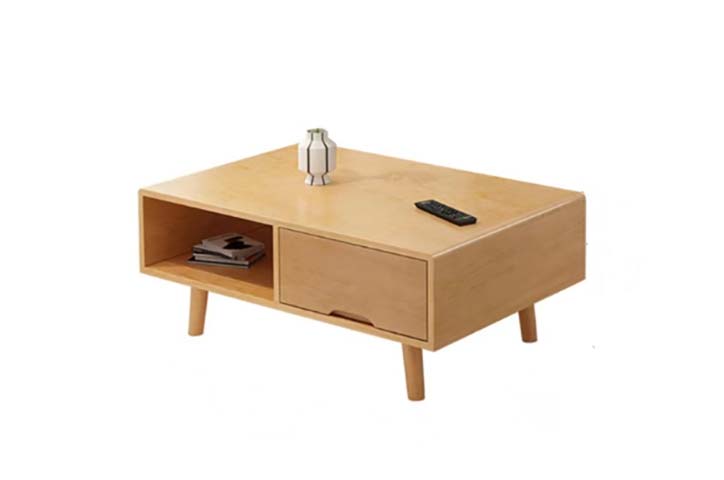Rectangular Light Wood Coffee Table with Open Shelf and Drawer
