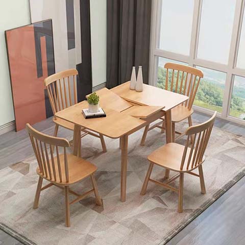 Light Natural Wood Extendable Rectangular Dining Set with 4 Spindle-Back Windsor Chairs