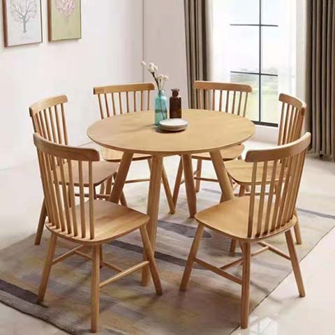 Light Natural Oak 6-Seater Round Wooden Dining Set with Windsor Spindle Chairs