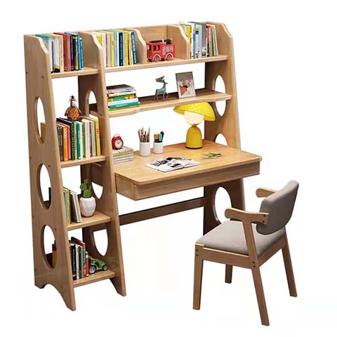 Children's Integrated Study Desk with Attached Bookshelf and Matching Wooden Armchair