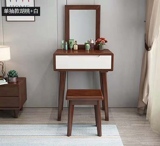 Single-Drawer Two-Tone Walnut and White Vanity Desk Set with Fixed Mirror and Backless Stool
