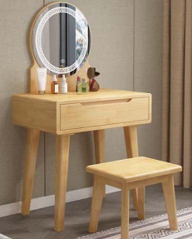 Light Natural Wood Compact Vanity Table Set with Round LED Mirror and Matching Stool