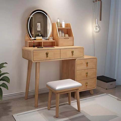 Light Oak Extendable Vanity Dressing Table Set with LED Oval Mirror, 5 Drawers and Upholstered Stool