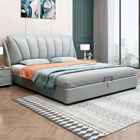Light Gray Vertical Channel-Tufted Wingback Upholstered Lift-Up Storage Platform Bed