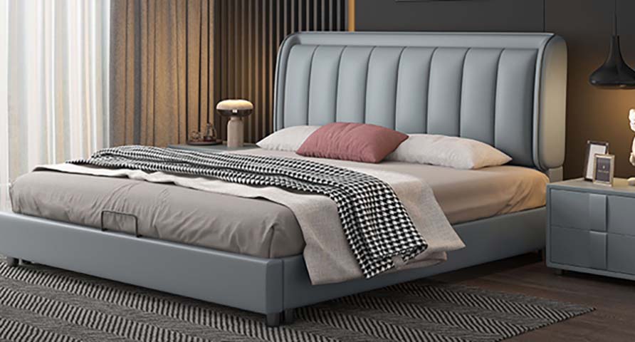 Light Gray Upholstered Storage Bed with Vertical Channel-Tufted Wingback Headboard