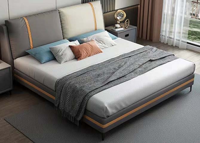 Two-Tone Upholstered Low-Profile Platform Bed with Gold Accent Trim