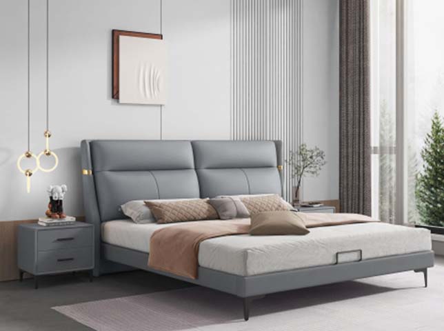 Light Gray Upholstered Wingback Platform Bed with Gold Accents
