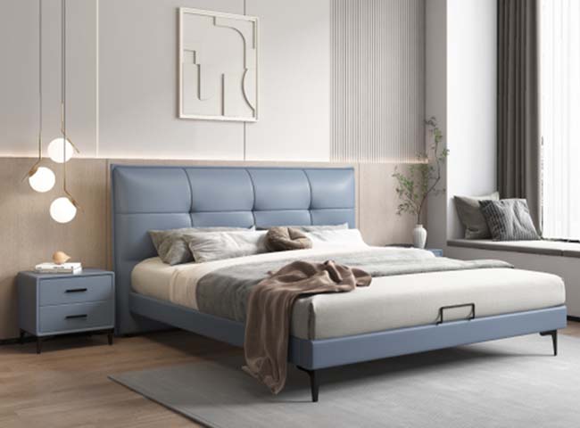 Light Blue Grid-Padded Upholstered King Platform Storage Bed