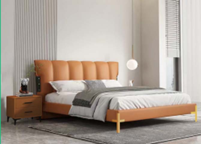 Camel Vertical Channel Tufted Upholstered Platform Bed with Gold Accent Legs