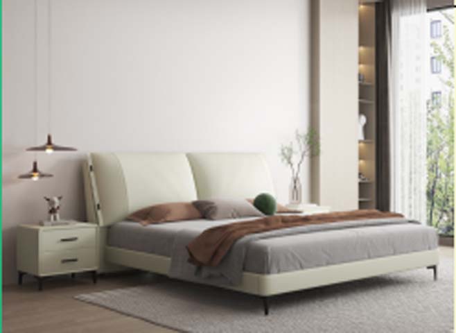 Cream Upholstered Low-Profile Platform Bed with Matching 2-Drawer Nightstand