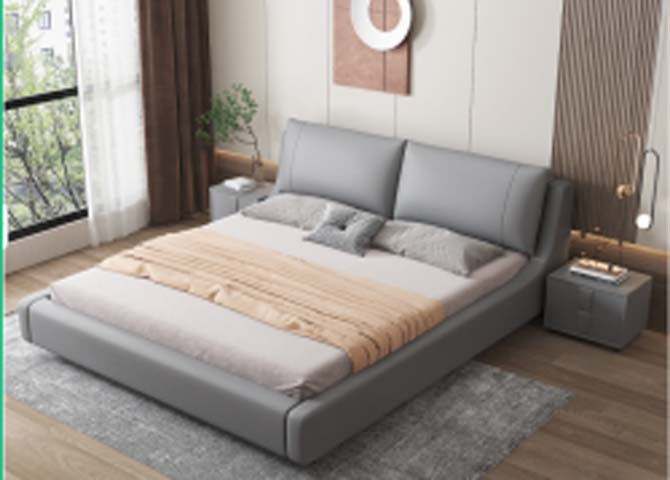 Modern Grey Upholstered Low-Profile Platform Bed, Queen Size