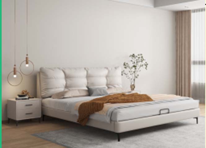 Off-White Upholstered Lift Storage Bed with 4-Segment Pillow Headboard