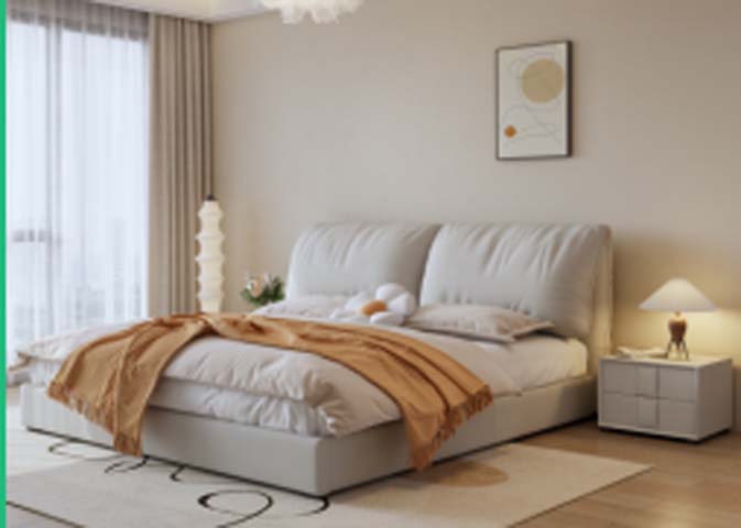 Light Beige Upholstered Low-Profile Platform Bed with Oversized Dual-Section Pillow Headboard