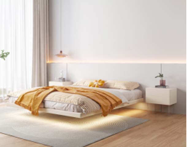 Minimalist White Floating Platform Bed Set with LED Underglow, Wall Headboard and Matching Floating Nightstands