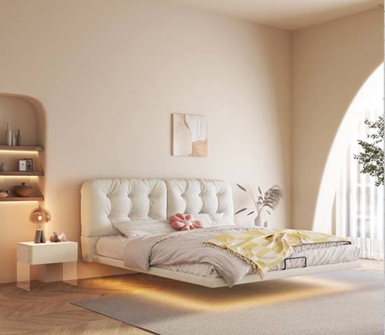 White Tufted Upholstered Floating Platform Bed with Under-Bed Ambient Lighting