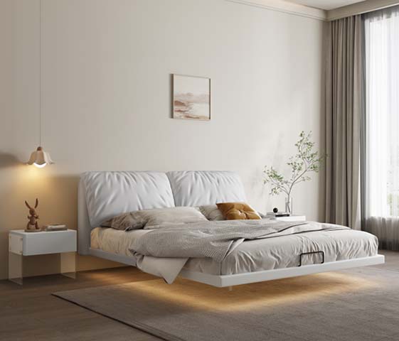 Upholstered Floating Platform Storage Bed with LED Under-Bed Lighting