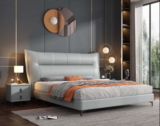 Light Gray Wingback Upholstered Platform Bed with Horizontal Channel Stitching and Dark Metal Legs