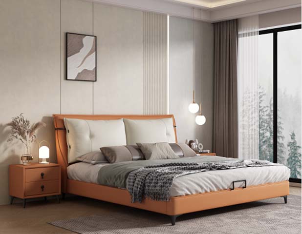 Two-Tone Orange and Off-White Upholstered Lift-Up Storage Platform Bed